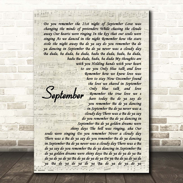 Earth, Wind And Fire September Vintage Script Song Lyric Print
