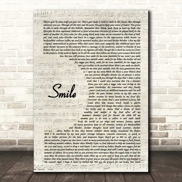 Tupac Shakur Smile Vintage Script Song Lyric Print