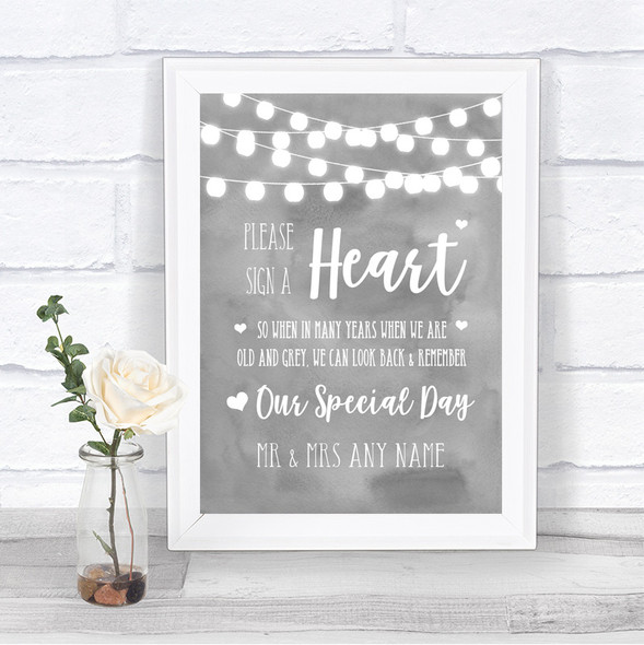 Grey Watercolour Lights Sign a Heart Personalized Wedding Sign