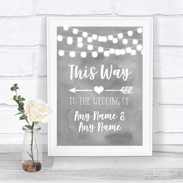 Grey Watercolour Lights This Way Arrow Left Personalized Wedding Sign