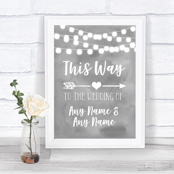 Grey Watercolour Lights This Way Arrow Right Personalized Wedding Sign