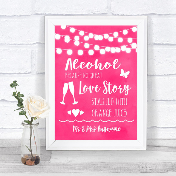 Hot Fuchsia Pink Watercolour Lights Alcohol Bar Love Story Wedding Sign
