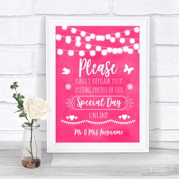 Hot Fuchsia Pink Lights Don't Post Photos Online Social Media Wedding Sign