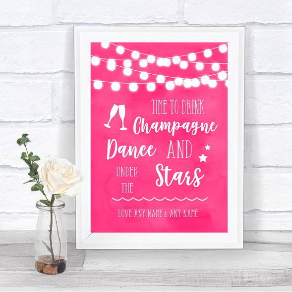 Hot Fuchsia Pink Watercolour Lights Drink Champagne Dance Stars Wedding Sign