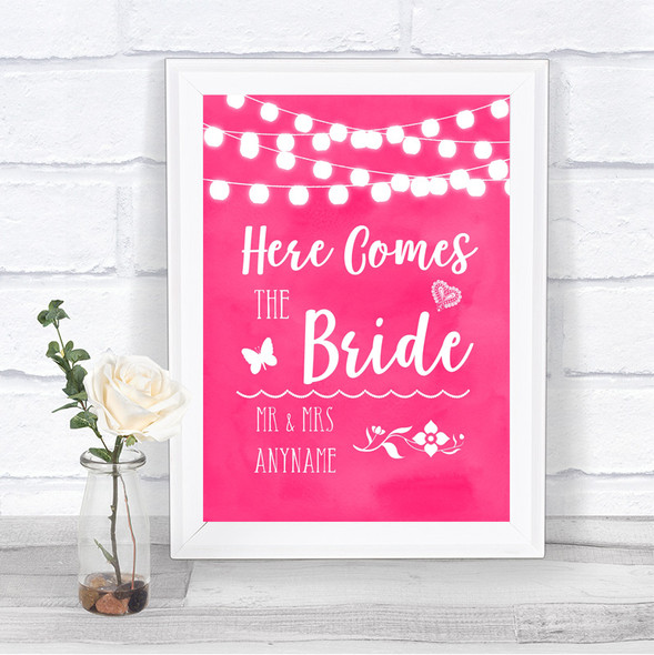 Hot Fuchsia Pink Watercolour Lights Here Comes Bride Aisle Wedding Sign