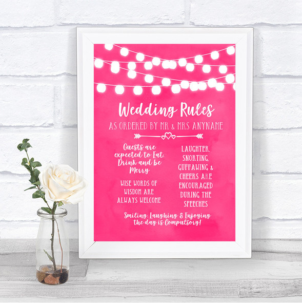 Hot Fuchsia Pink Watercolour Lights Rules Of The Wedding Sign