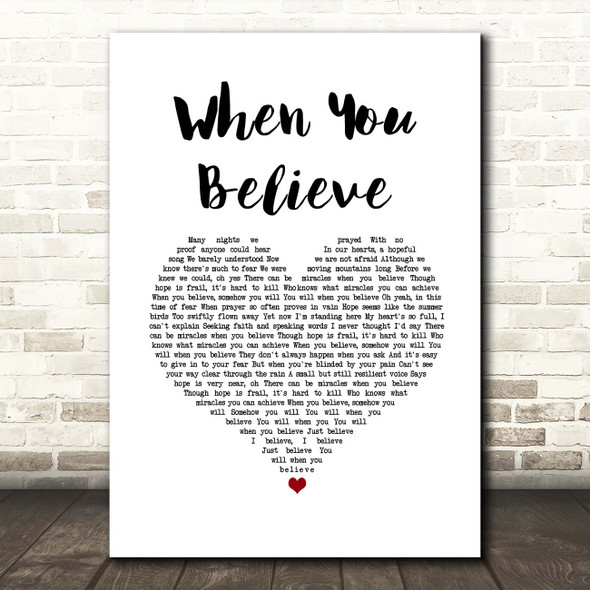 Whitney Houston & Mariah Carey When You Believe White Heart Song Lyric Print