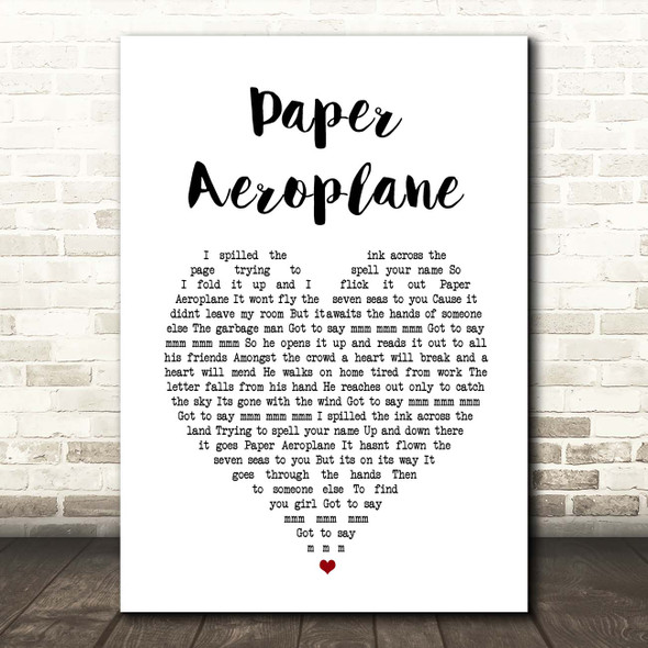 Angus & Julia Stone Paper Aeroplane White Heart Song Lyric Print