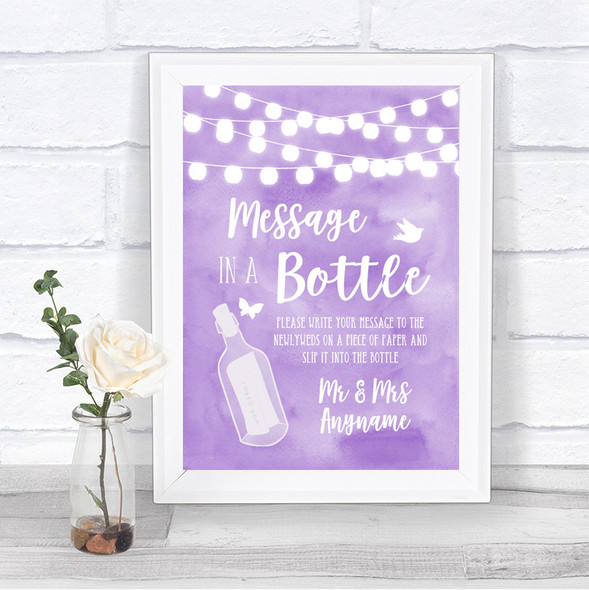 Lilac Watercolour Lights Message In A Bottle Personalized Wedding Sign