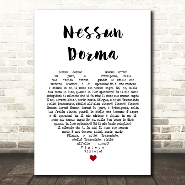 Andrea Bocelli Nessun Dorma White Heart Song Lyric Print