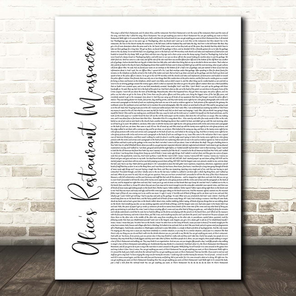 Arlo Guthrie Alice's Restaurant Massacree White Script Song Lyric Print