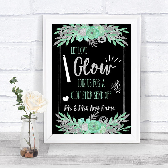Black Mint Green & Silver Let Love Glow Glowstick Personalized Wedding Sign