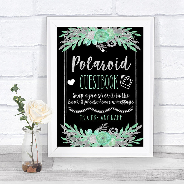 Black Mint Green & Silver Polaroid Guestbook Personalized Wedding Sign