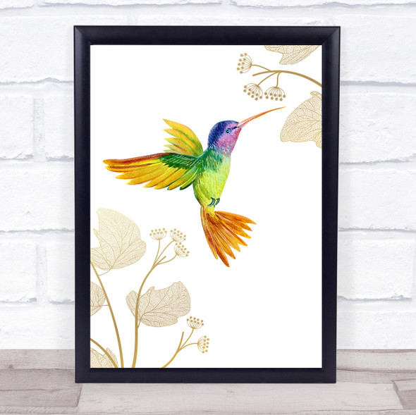 colored Hummingbird Beautiful Gold Floral Wall Art Print