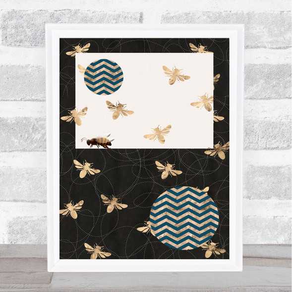 Bee Geometric Gold Bees On Black White Wall Art Print