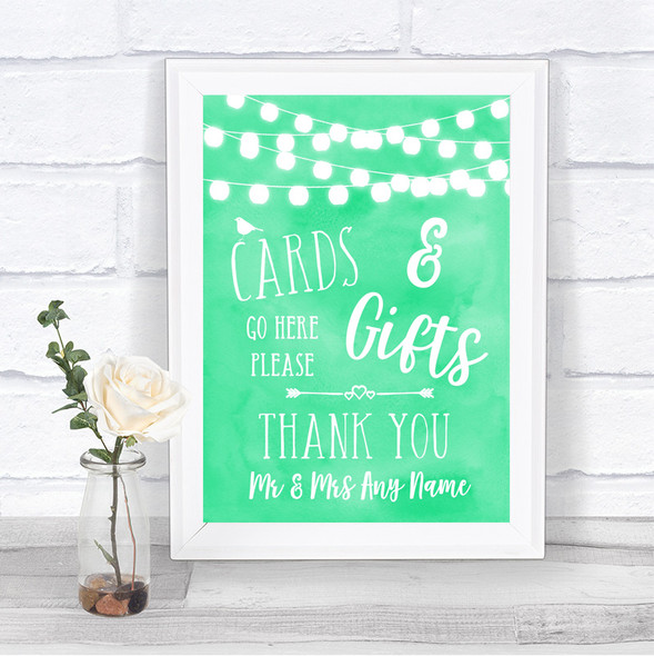 Mint Green Watercolour Lights Cards & Gifts Table Personalized Wedding Sign