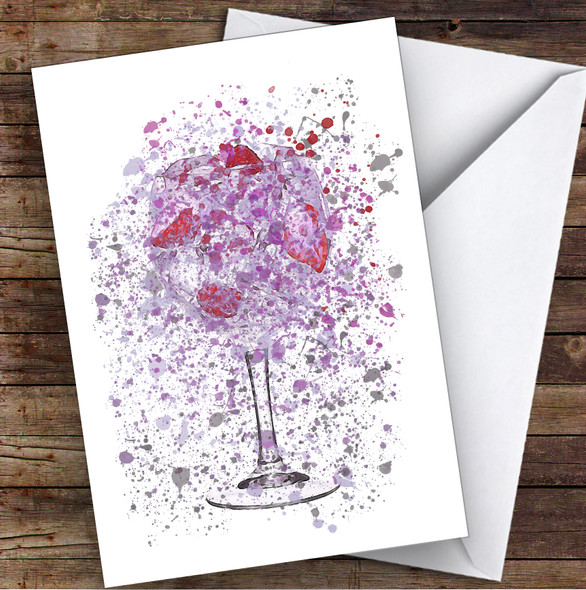 WaterColor Splatter Violet Purple Gin & Strawberries Glass Birthday Card
