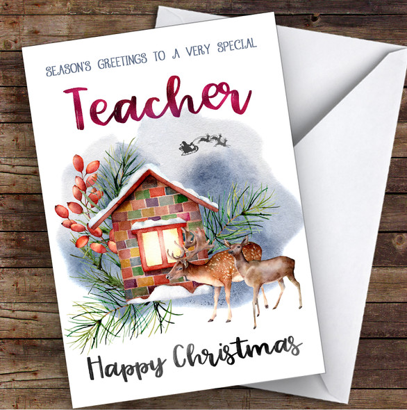 WaterColor Deer To Very Special Teacher Personalized Christmas Card