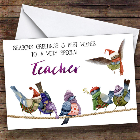 Cute Birds Very Special Teacher Personalized Christmas Card