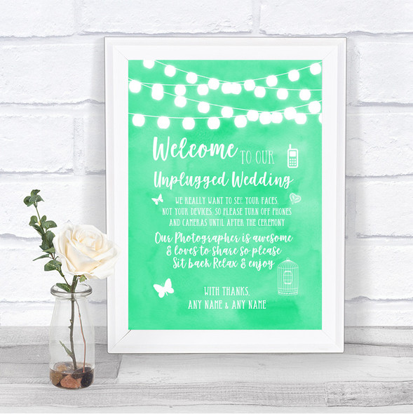 Mint Green Watercolour Lights No Phone Camera Unplugged Wedding Sign