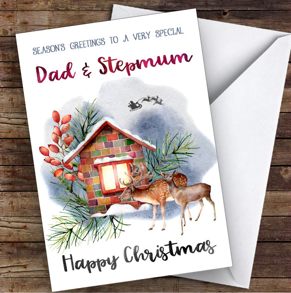 WaterColor Deer To Very Special Dad & Stepmum Personalized Christmas Card
