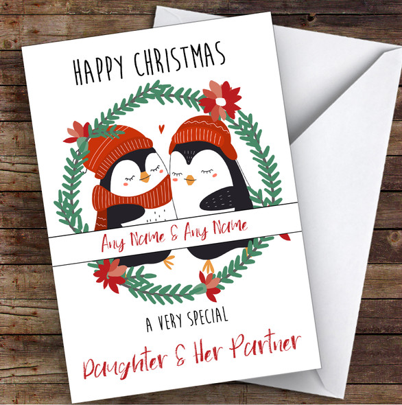 Cuddling Penguins Cute Daughter & Her Partner Personalized Christmas Card