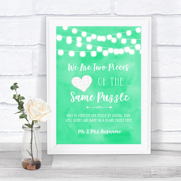 Mint Green Watercolour Lights Puzzle Piece Guest Book Personalized Wedding Sign