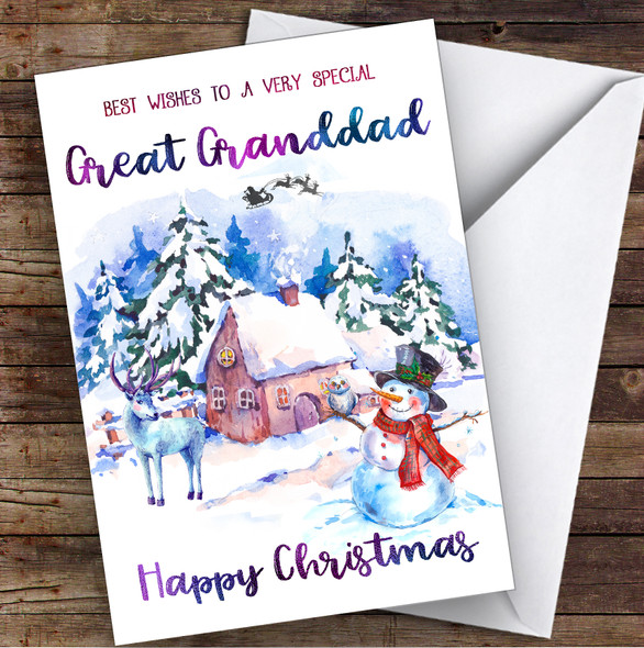 WaterColor Snowman Special Great Granddad Personalized Christmas Card