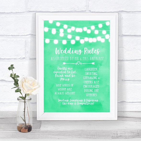Mint Green Watercolour Lights Rules Of The Wedding Personalized Wedding Sign