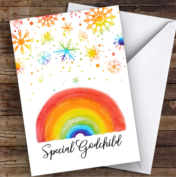Special Godchild Rainbow Snow Hope & Love At Christmas Christmas Card