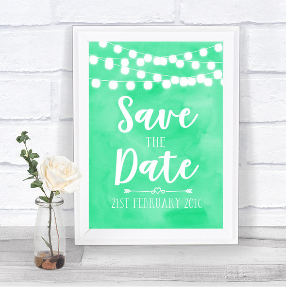 Mint Green Watercolour Lights Save The Date Personalized Wedding Sign