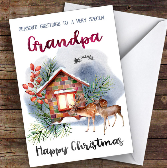 WaterColor Deer To Very Special Grandpa Personalized Christmas Card