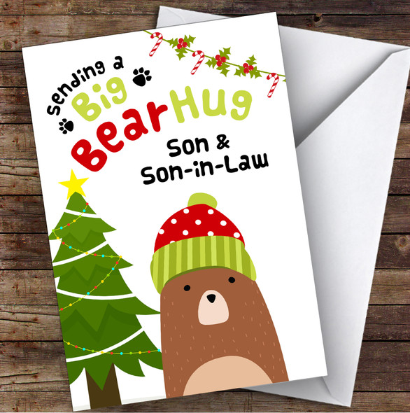 Son & Son In Law Sending A Big Bear Hug Personalized Christmas Card