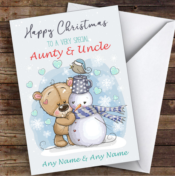 Bear & Snowman Romantic Aunty & Uncle Personalized Christmas Card