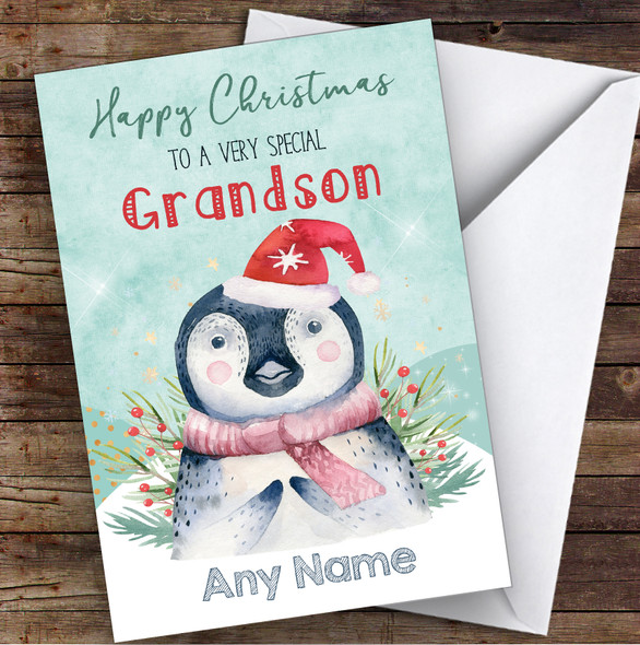 WaterColor Penguin Special Grandson Personalized Christmas Card