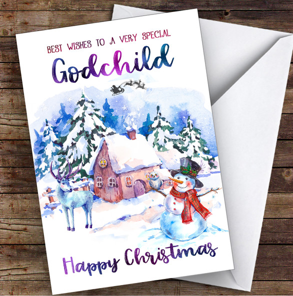 WaterColor Snowman Special Godchild Personalized Christmas Card