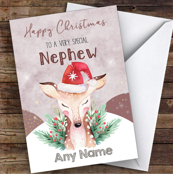 WaterColor Reindeer Special Nephew Personalized Christmas Card