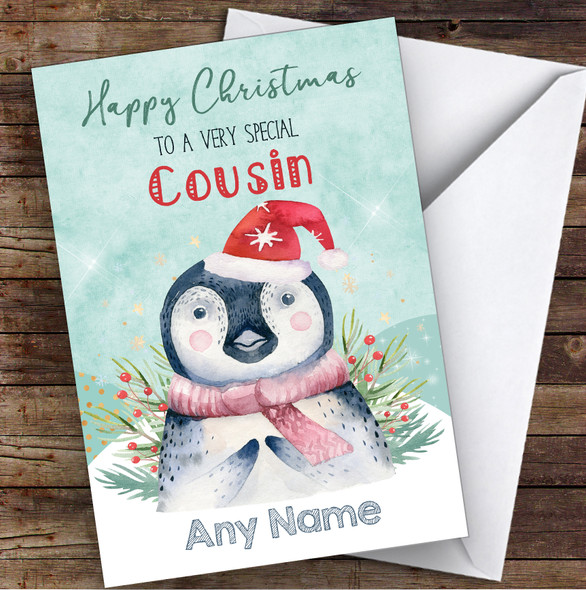 WaterColor Penguin Special Cousin Personalized Christmas Card