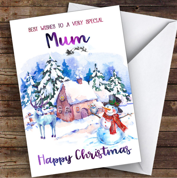 WaterColor Snowman Special Mum Personalized Christmas Card