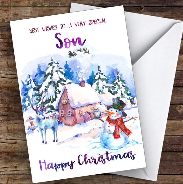WaterColor Snowman Special Son Personalized Christmas Card