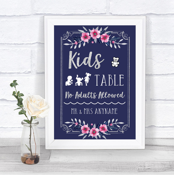 Navy Blue Pink & Silver Kids Table Personalized Wedding Sign