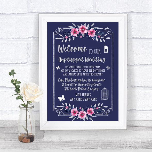 Navy Blue Pink & Silver No Phone Camera Unplugged Personalized Wedding Sign