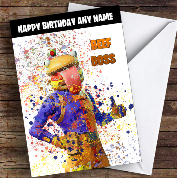 Splatter Art Gaming Fortnite Beef Boss Kid's Children's Personalized Birthday Card