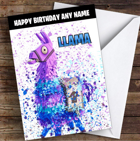 Splatter Art Gaming Fortnite Llama Kid's Children's Personalized Birthday Card