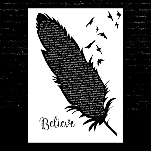 Cher Believe Black & White Feather & Birds Song Lyric Music Art Print