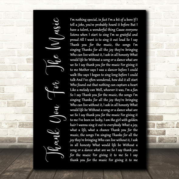 ABBA Thank You For The Music Black Script Song Lyric Music Art Print