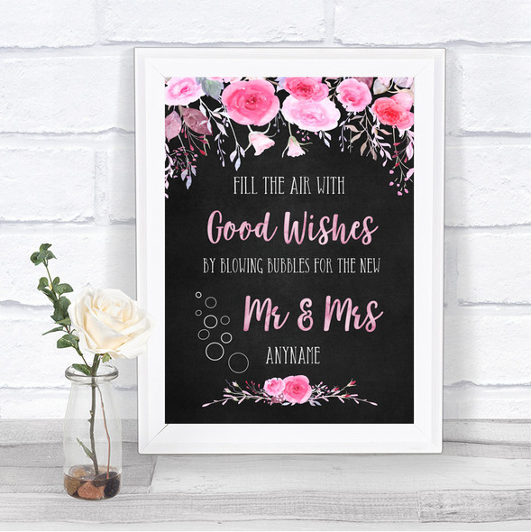 Chalk Style Watercolour Pink Floral Blow Bubbles Personalized Wedding Sign