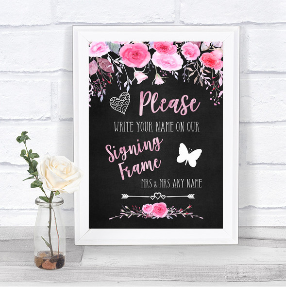 Chalk Style Watercolour Pink Floral Signing Frame Guestbook Wedding Sign