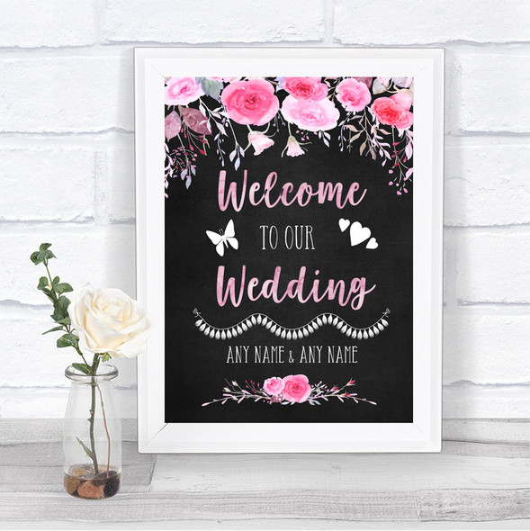 Chalk Style Watercolour Pink Floral Welcome To Our Wedding Sign