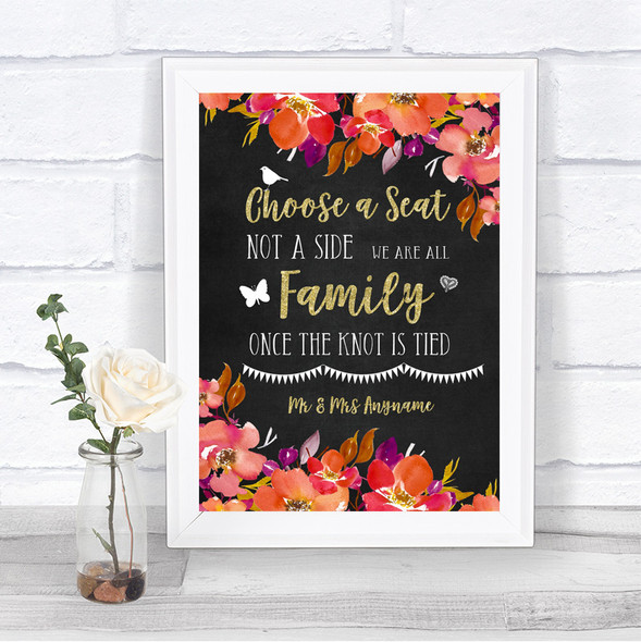 Pink Coral Orange & Purple Choose A Seat We Are All Family Wedding Sign